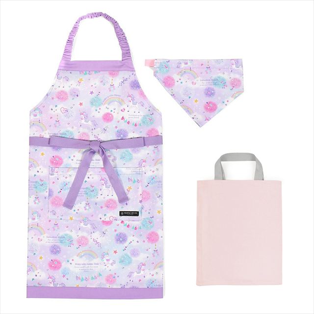 カラフルキャンディスタイルの三角巾付きキッズエプロン。子供用で、着脱簡単。男の子と女の子兼用で、家庭科の授業やお手伝いで大活躍。