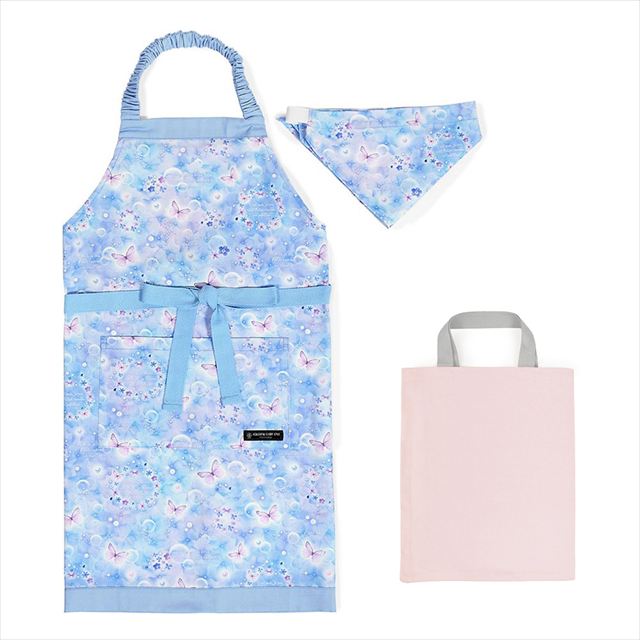 カラフルキャンディスタイルの三角巾付きキッズエプロン。子供用で、着脱簡単。男の子と女の子兼用で、家庭科の授業やお手伝いで大活躍。