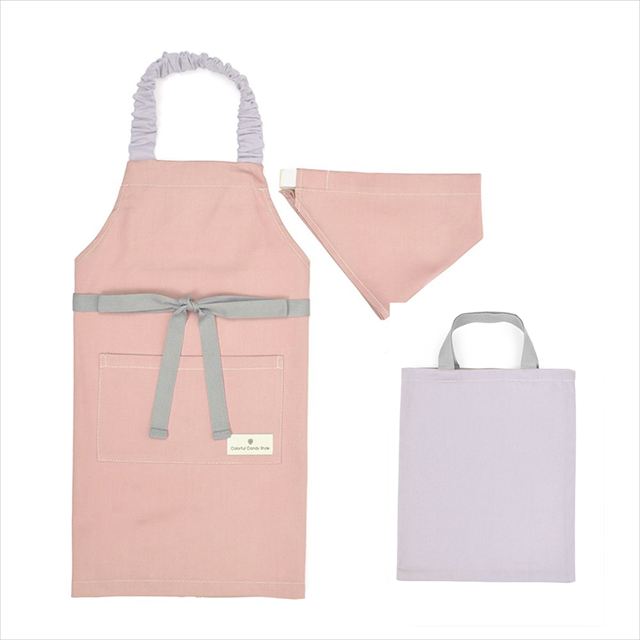 カラフルキャンディスタイルの三角巾付きキッズエプロン。子供用で、着脱簡単。男の子と女の子兼用で、家庭科の授業やお手伝いで大活躍。