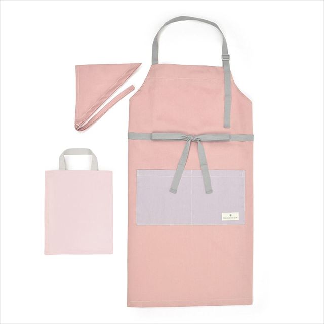 【3%OFF：夏先取りキャンペーン】エプロン(150～170cm) 手提げバッグ・三角巾付き くすみ無地 くすみローズ