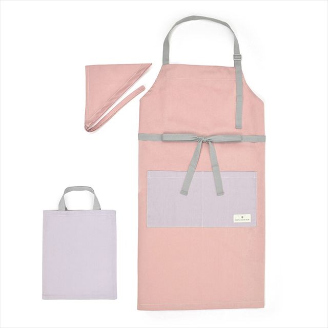 【3%OFF：夏先取りキャンペーン】エプロン(150～170cm) 手提げバッグ・三角巾付き くすみ無地 くすみローズ