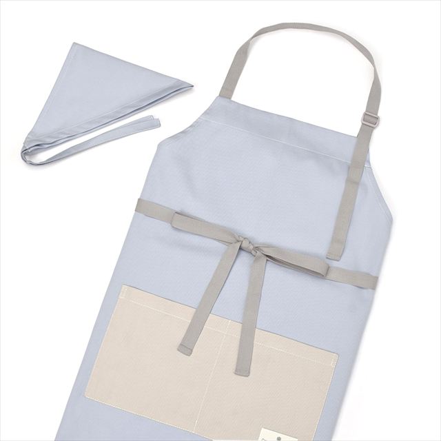 新登場 エプロン(150～170cm) 手提げバッグ・三角巾付き くすみ無地 くすみライトブルー