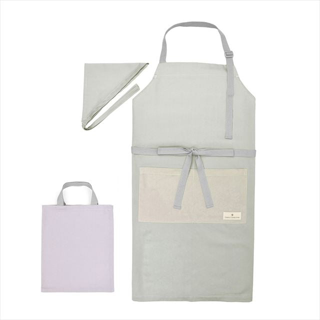【3%OFF：夏先取りキャンペーン】エプロン(150～170cm) 手提げバッグ・三角巾付き くすみ無地 くすみミントグリーン