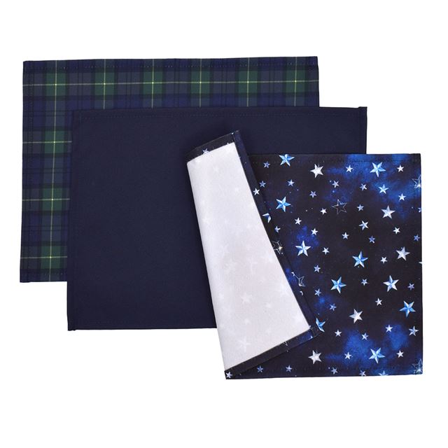 ランチョンマット(25cm×35cm) 撥水ノーアイロン 柄違い3枚セット タータンチェック・ネイビーとスターリングシルバーセット