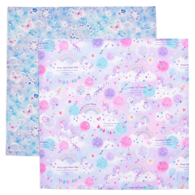 Lunch cloth/lunch napkin (45cm x 45cm) set of 2 different patterns princess and merry-go-round set light blue 