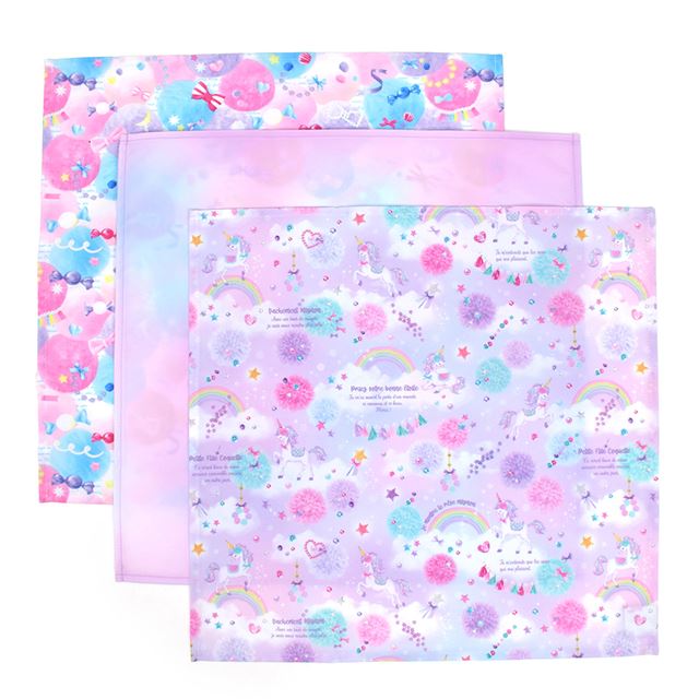 ランチクロス・給食ナフキン(45cm×45cm) 撥水ノーアイロン 柄違い3枚セット ユニコーン・キャンディポップとオーロラセット