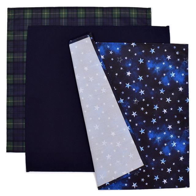 ランチクロス・給食ナフキン(45cm×45cm) 撥水ノーアイロン 柄違い3枚セット タータンチェック・ネイビーとスターリングシルバーセット