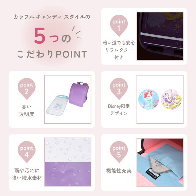 カラフルキャンディスタイルのランドセルカバー。反射材付きで雨でも安心安全。男の子と女の子兼用で、入学準備や入学祝いに大活躍。