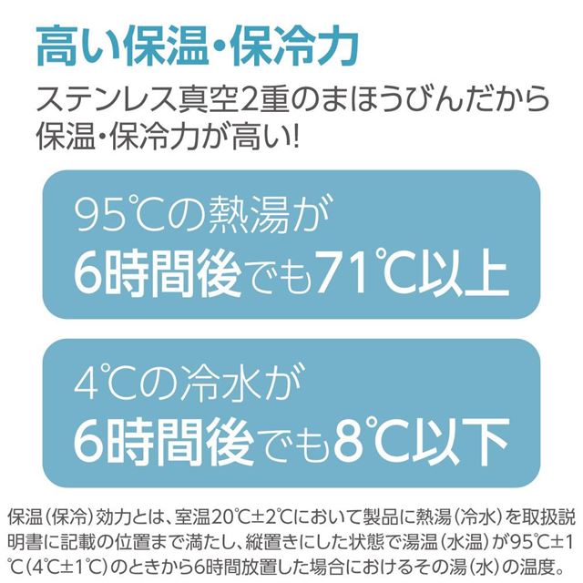 子ども向けステンレスボトル。ステンレス真空2重のまほうびんだから保冷・保温能力が高い。