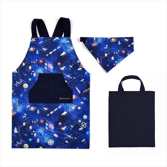 カラフルキャンディスタイルの三角巾付きキッズエプロン。子供用で、かぶるだけのバッククロスタイプ。男の子と女の子兼用で大活躍。