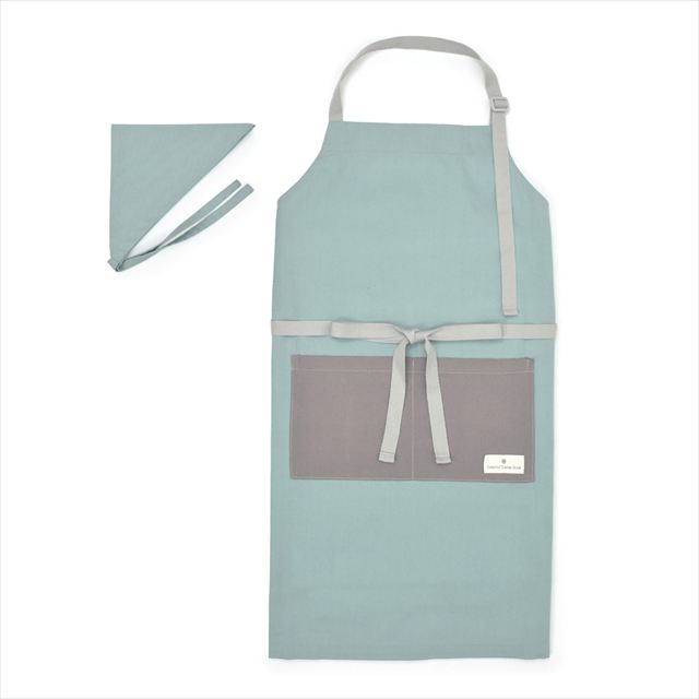 新登場 エプロン(150～170cm) 手提げバッグ・三角巾付き くすみ無地 くすみターコイズ