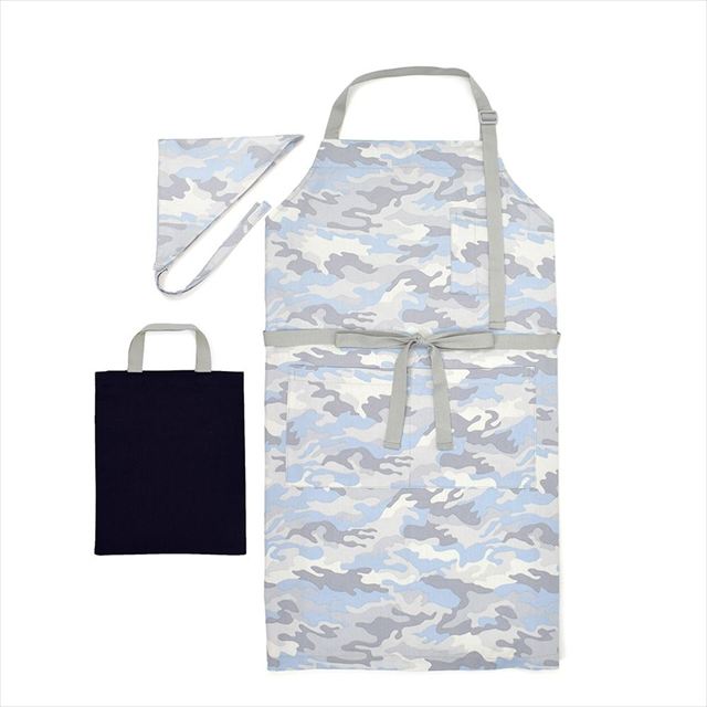 【15%OFF：入園入学早期割引】 エプロン(150～170cm) 手提げバッグ・三角巾付き カモフラ・アイスグレー