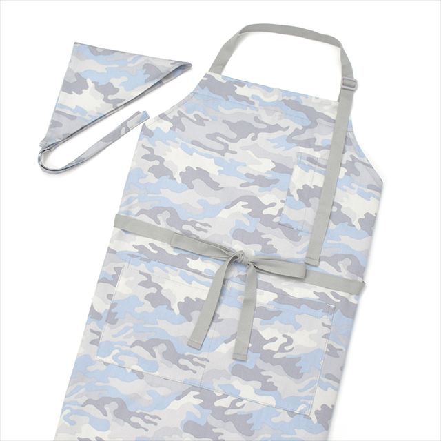 新登場 エプロン(150～170cm) 手提げバッグ・三角巾付き カモフラ・アイスグレー