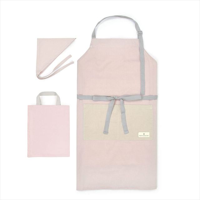 【3%OFF：夏先取りキャンペーン】エプロン(150～170cm) 手提げバッグ・三角巾付き くすみ無地 くすみピンク