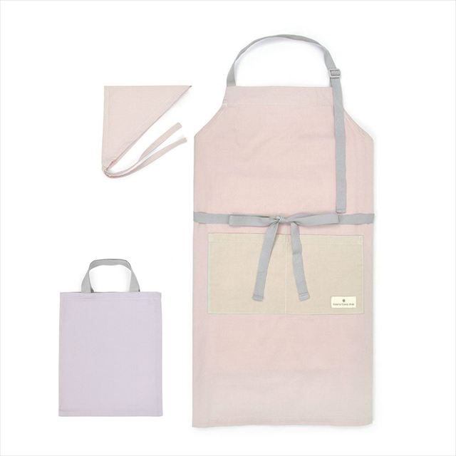 【3%OFF：夏先取りキャンペーン】エプロン(150～170cm) 手提げバッグ・三角巾付き くすみ無地 くすみピンク