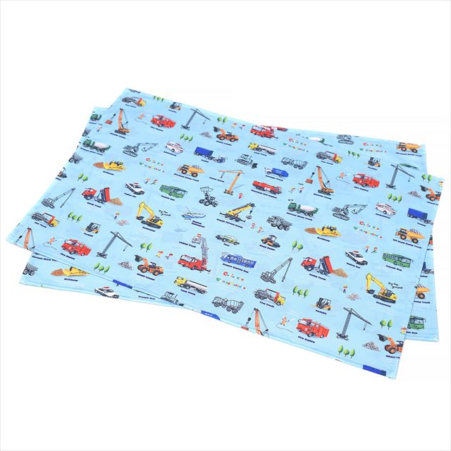 ランチョンマット(40cm×60cm) 撥水ノーアイロン 2枚セット くるま大図鑑(ライトブルー)