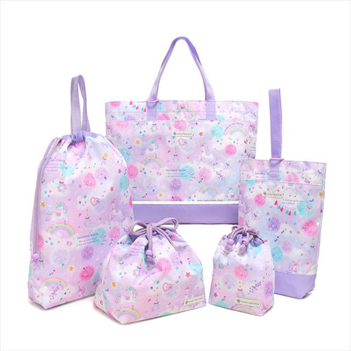 カラフルキャンディスタイルの入園入学5点セット。男の子・女の子兼用で、レッスンバッグ・シューズケース・巾着袋など、通園・通学に大活躍アイテム満載。