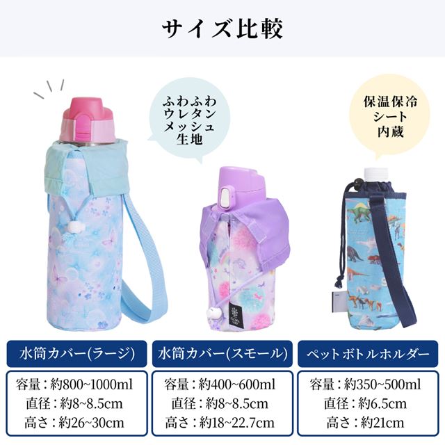 カラフルキャンディスタイルの水筒カバー。肩掛けできるショルダーベルト付き。男の子と女の子兼用で旅行、遠足でも大活躍。
