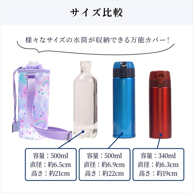 カラフルキャンディスタイルのペットボトルホルダー。子供用で、肩掛けができるショルダーベルト付き。保冷機能有り。男の子と女の子兼用で大活躍。
