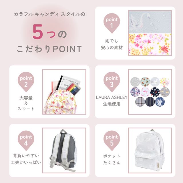 送料無料 LAURA ASHLEY リュックサック(チェストベルト付き) リフレクター付き 撥水タイプ Swans