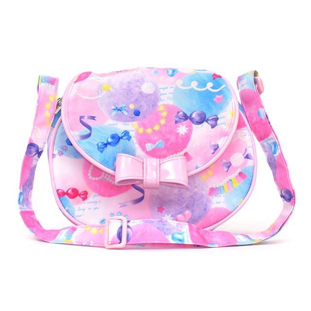 カラフルキャンディスタイルの持って可愛い丸型ポシェット。リボンのチャームがアクセント