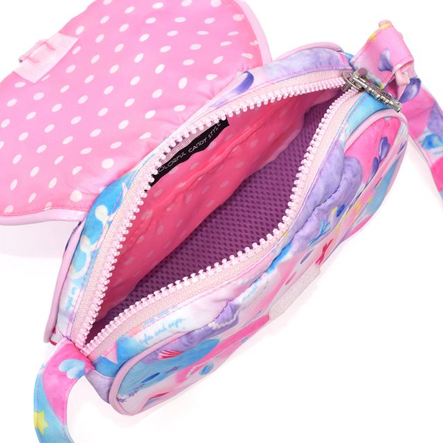 カラフルキャンディスタイルの持って可愛い丸型ポシェット。リボンのチャームがアクセント