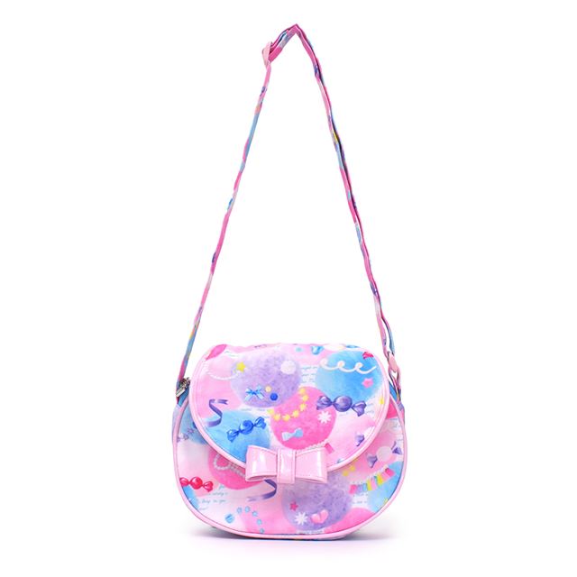 カラフルキャンディスタイルの持って可愛い丸型ポシェット。リボンのチャームがアクセント