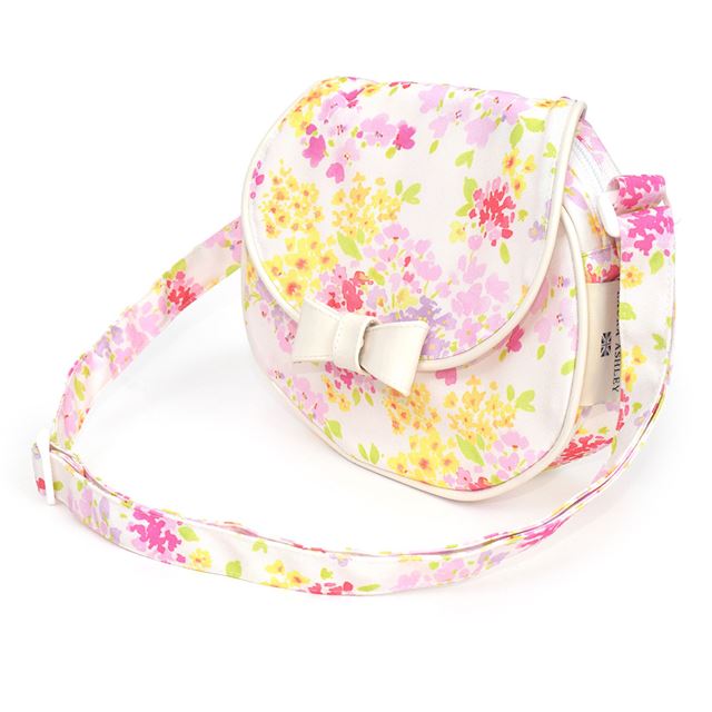 カラフルキャンディスタイルの持って可愛い丸型ポシェット。リボンのチャームがアクセント