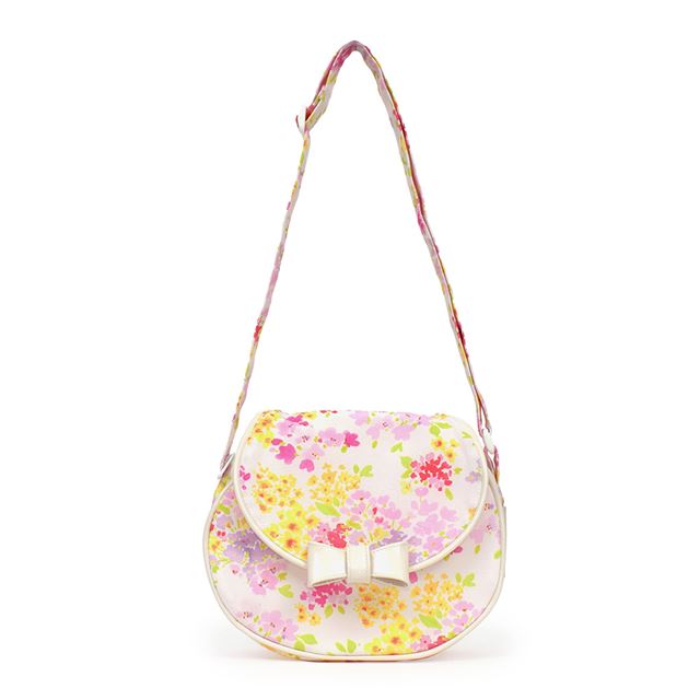 カラフルキャンディスタイルの持って可愛い丸型ポシェット。リボンのチャームがアクセント