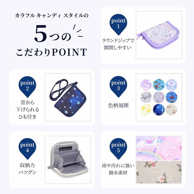 カラフルキャンディスタイルのコインケース。首掛け可能で、ファスナータイプの子供用の小銭入れ。男の子と女の子兼用でお出掛けでも大活躍。