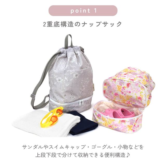 カラフルキャンディスタイルのプールバッグ ナップサックタイプ。サンダルやスイムキャップ・ゴーグル・小物などを上段下段で分けて収納できる便利構造。中身が透けない生地なので安心です。