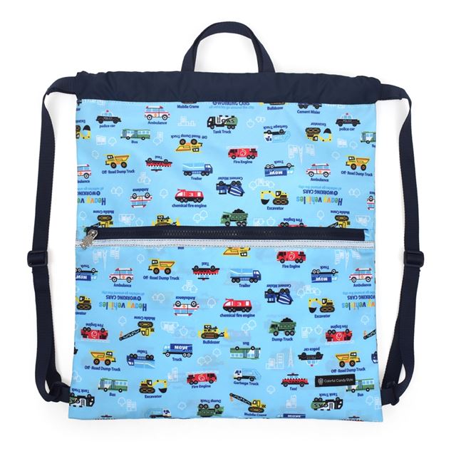 カラフルキャンディスタイルのナップサック。リュックにも手提げにも使える2WAY仕様。前面には便利なファスナー付きポケットを搭載。