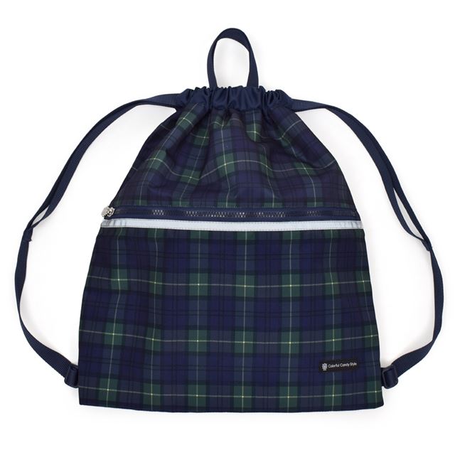 カラフルキャンディスタイルのナップサック。リュックにも手提げにも使える2WAY仕様。前面には便利なファスナー付きポケットを搭載。