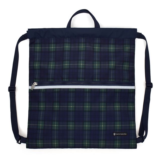 カラフルキャンディスタイルのナップサック。リュックにも手提げにも使える2WAY仕様。前面には便利なファスナー付きポケットを搭載。