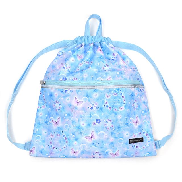 カラフルキャンディスタイルのナップサック。リュックにも手提げにも使える2WAY仕様。前面には便利なファスナー付きポケットを搭載。