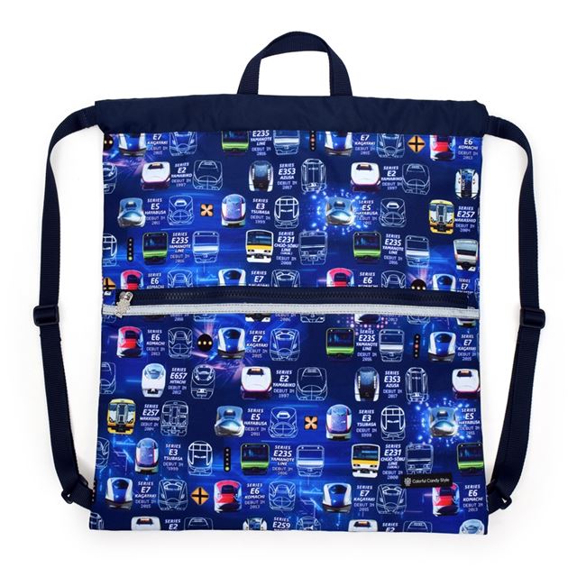 カラフルキャンディスタイルのナップサック。リュックにも手提げにも使える2WAY仕様。前面には便利なファスナー付きポケットを搭載。