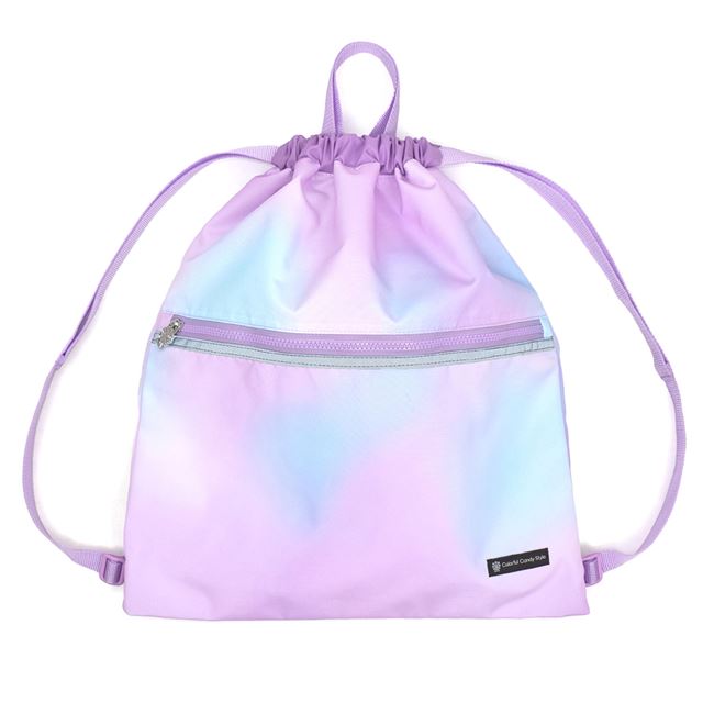 カラフルキャンディスタイルのナップサック。リュックにも手提げにも使える2WAY仕様。前面には便利なファスナー付きポケットを搭載。