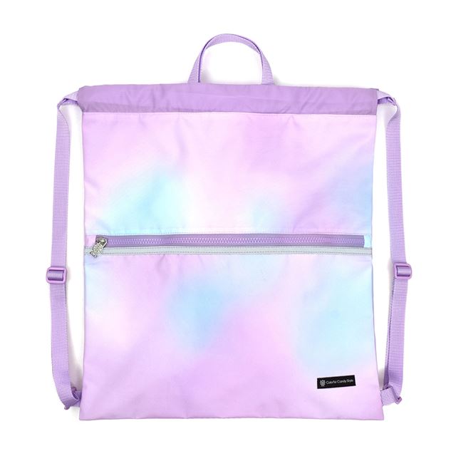 カラフルキャンディスタイルのナップサック。リュックにも手提げにも使える2WAY仕様。前面には便利なファスナー付きポケットを搭載。