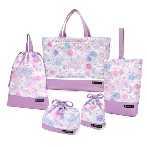 カラフルキャンディスタイルの入園入学5点セット。男の子・女の子兼用で、レッスンバッグ・シューズケース・巾着袋など、通園・通学に大活躍アイテム満載。