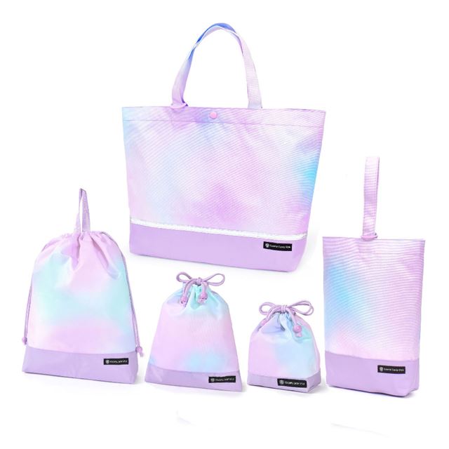 カラフルキャンディスタイルの入園入学5点セット。男の子・女の子兼用で、レッスンバッグ・シューズケース・巾着袋など、通園・通学に大活躍アイテム満載。