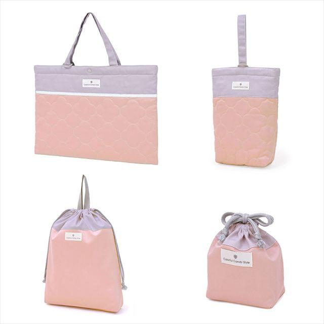 カラフルキャンディスタイルの入園入学4点セット。男の子・女の子兼用で、レッスンバッグ・シューズケース・巾着袋など、通園・通学に大活躍アイテム満載。