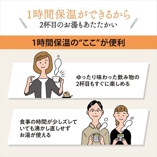 「6つ」の安全設計「転倒湯もれ防止構造」「蒸気レス構造」「本体二重構造」「自動電源オフ」「空だき防止」「給湯ロックボタン」ちょっとだけ保温したい時にとっても便利！「1時間あったか保温」(選択式)。清潔！ほこりの入りにくい「注ぎ口 ほこりブロック」