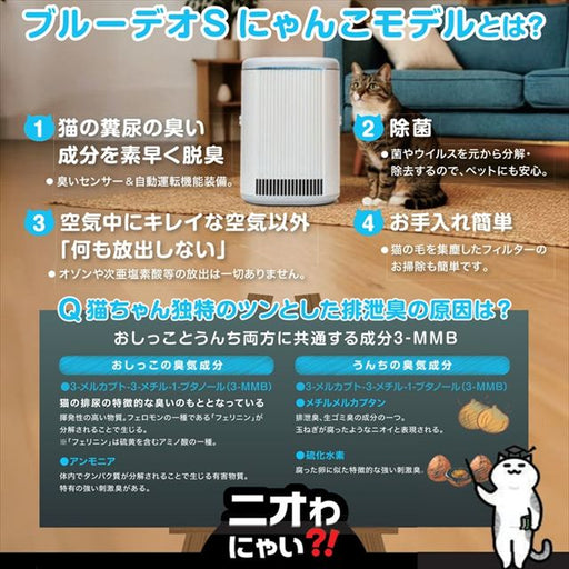 ブルーデオ S型 にゃんこモデルは、猫のトイレ臭・糞尿臭を光除菌技術でやさしく分解して除去する日本製の脱臭除菌機です。