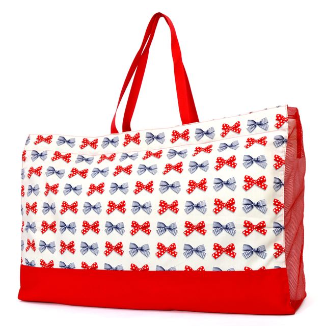 アウトレット お昼寝布団バッグ ポルカドットとストライプのフレンチリボン(アイボリー)