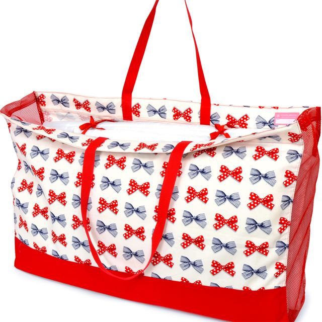 アウトレット お昼寝布団バッグ ポルカドットとストライプのフレンチリボン(アイボリー)