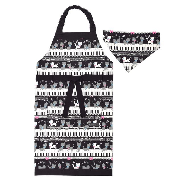 アウトレット 子どもエプロン(130～160cm) ピアノの上で踊る黒猫ワルツ(ブラック)