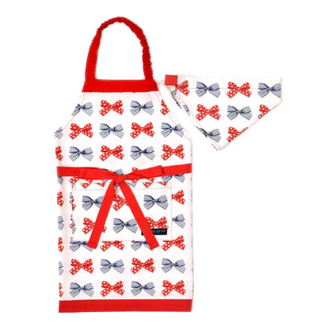 アウトレット 子どもエプロン(100～120cm) ポルカドットとストライプのフレンチリボン(アイボリー)