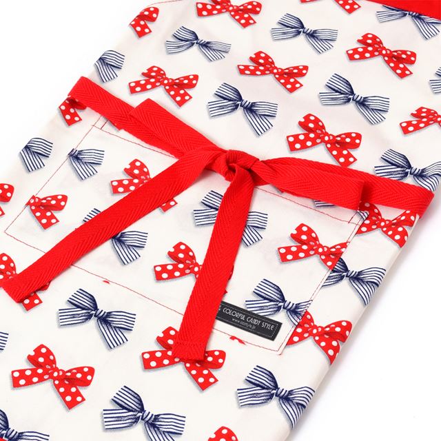 アウトレット 子どもエプロン(100～120cm) ポルカドットとストライプのフレンチリボン(アイボリー)