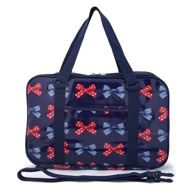 アウトレット 書道・習字バッグ ポルカドットとストライプのフレンチリボン(ネイビー)