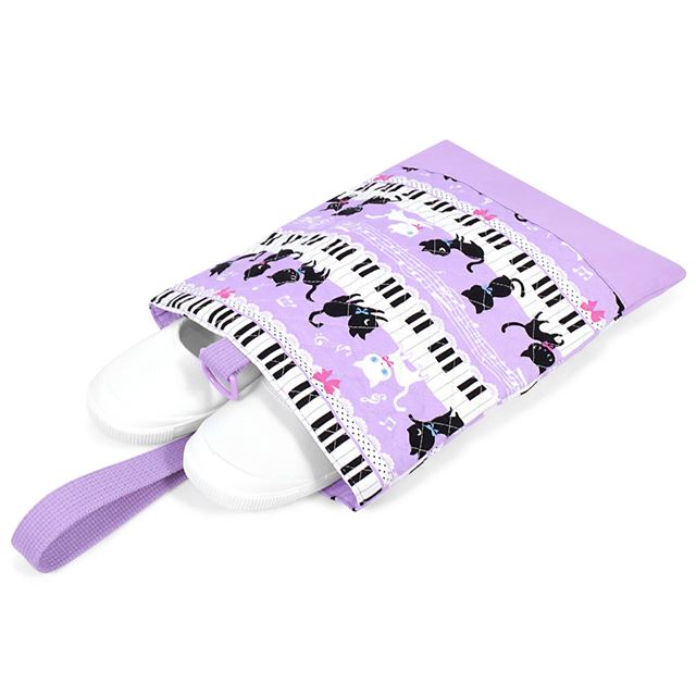 アウトレット シューズケース キルティング(ネームタグ付き) ピアノの上で踊る黒猫ワルツ(ラベンダー)